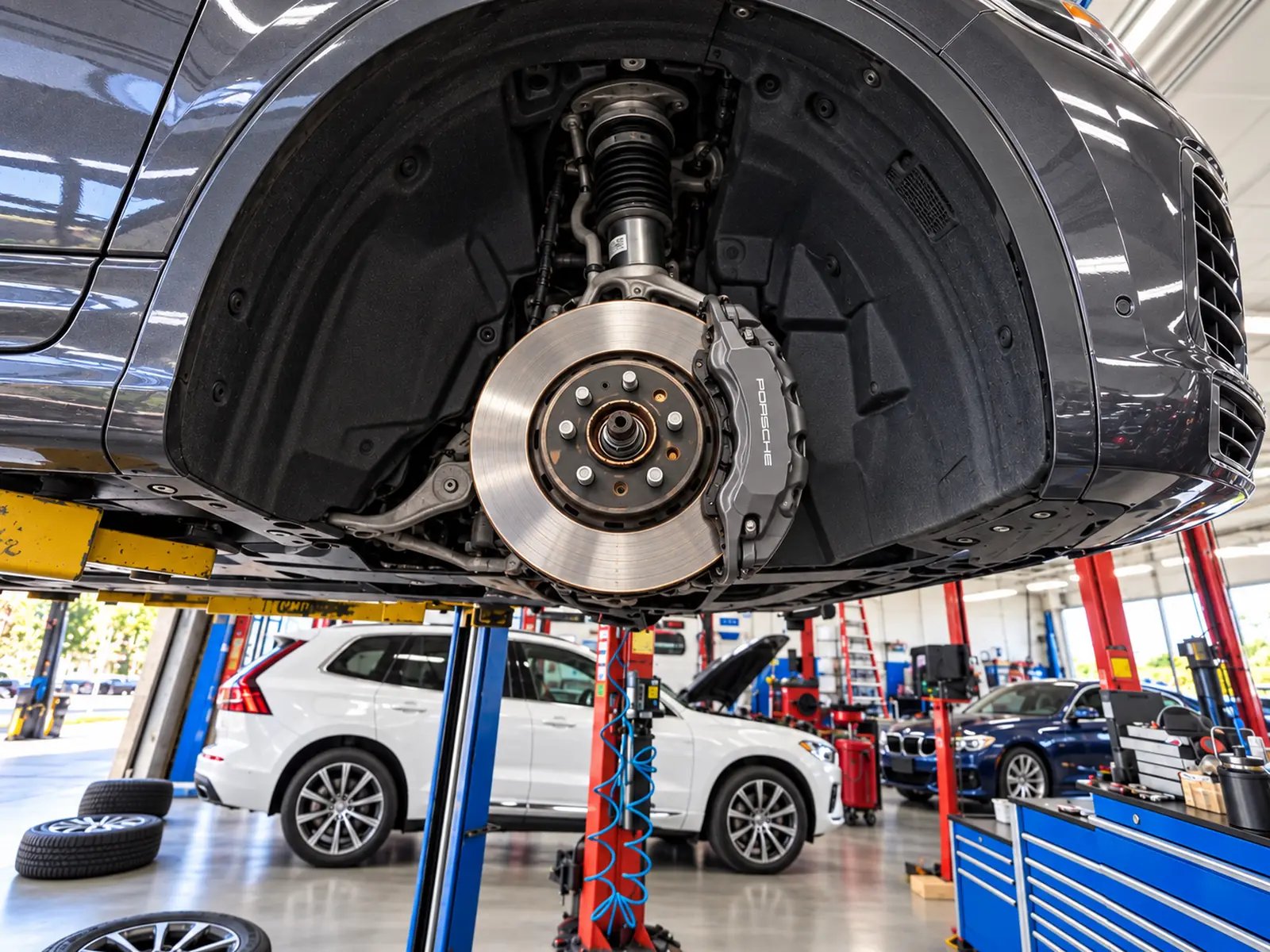 Front brake rotor and caliper on a vehicle raised on a lift inside the Super Service of Pomona Valley shop