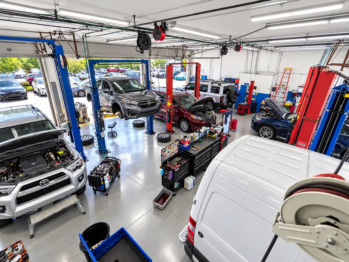 Overhead view of the Pomona Valley shop floor with several vehicles in service
